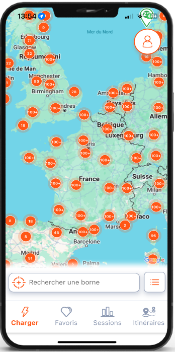 Carte des points de charge dans l'app ZEborne Mobility Services